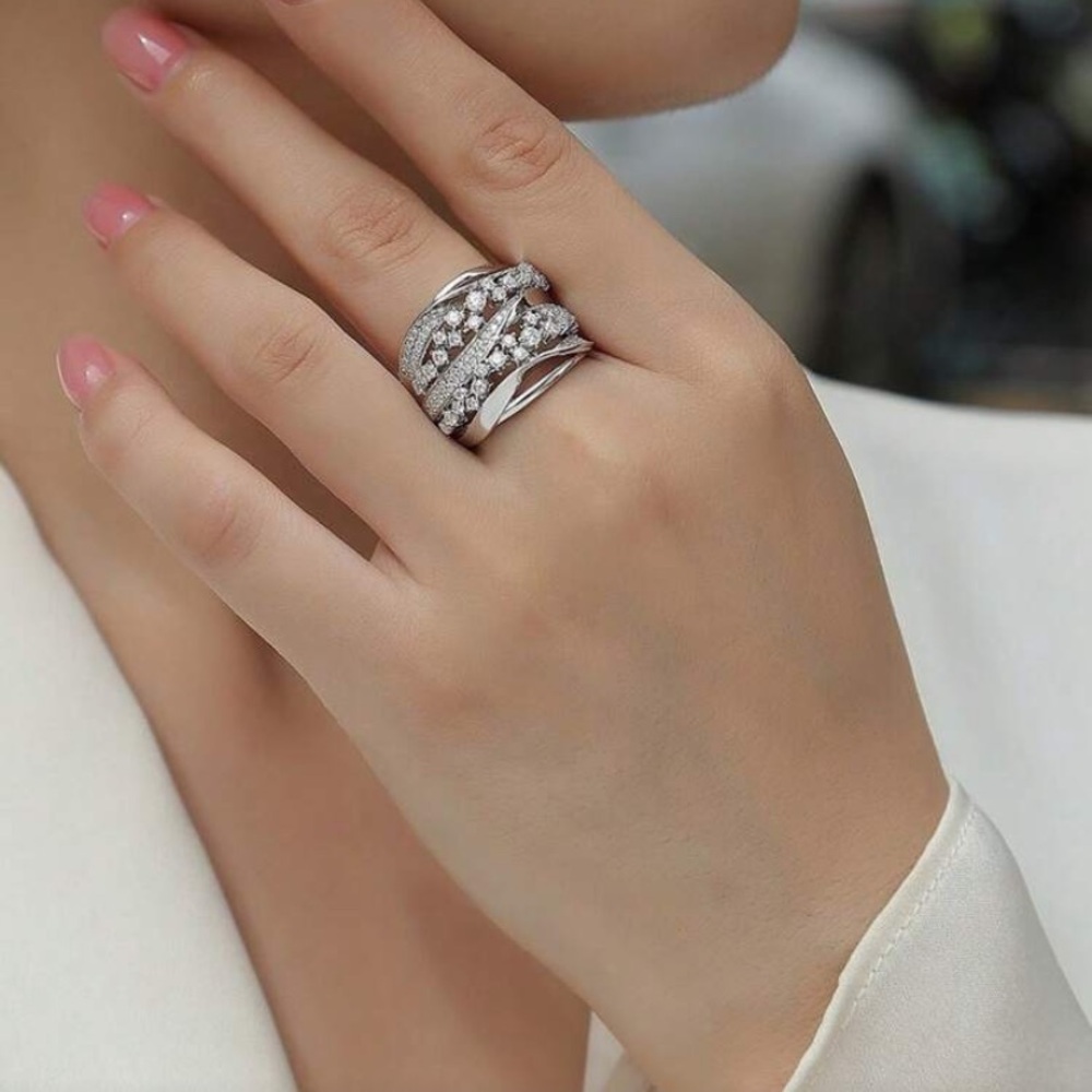 Luxury Multi-Row Pave Cubic Zirconia Wide Band Statement/Cocktail Ring - Picture 1 of 6
